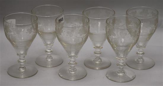 A set of six Stourbridge ale glasses, etched with vine